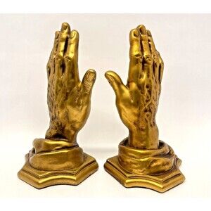 Vintage Robia Roman Art Co Gold Hand Bookends 9.5” Chalkware St Louis MO 1461
